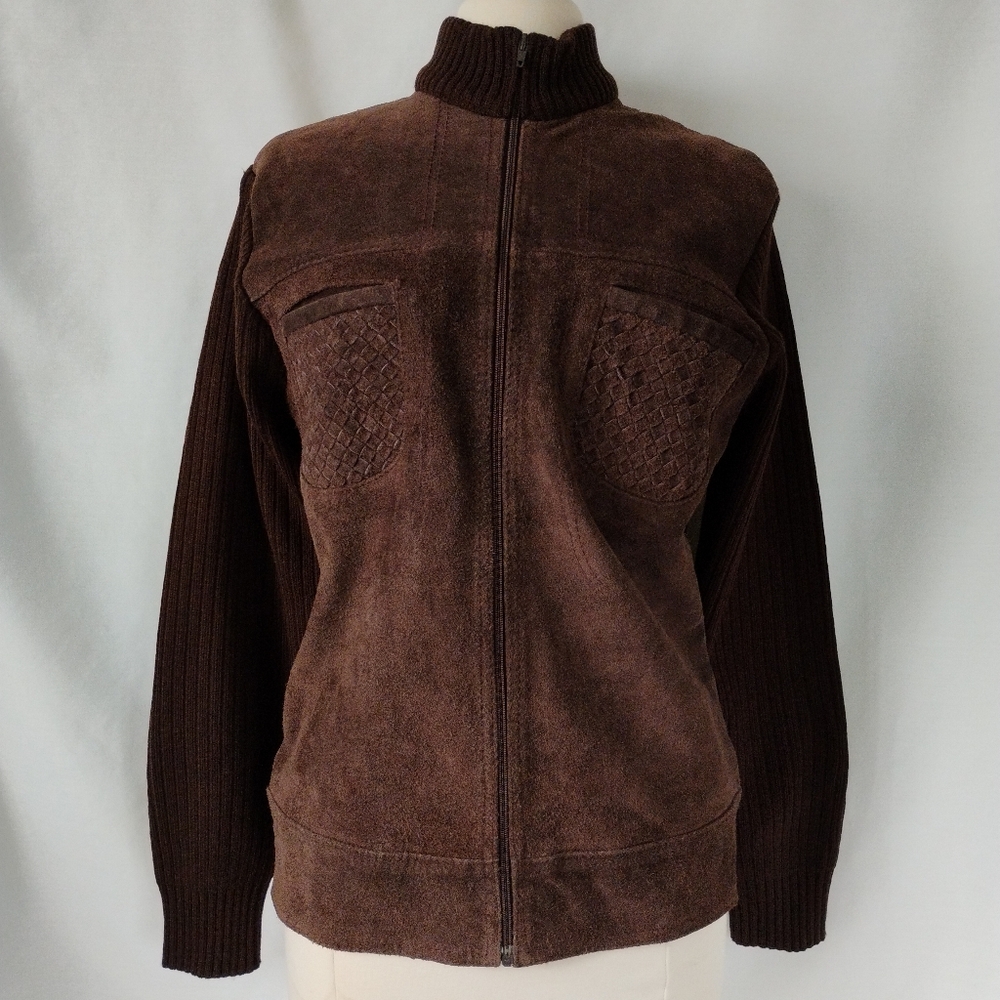 Men's Vintage Landmark Brown Leather Suede Warm Knit Layered Look Winter Jacket